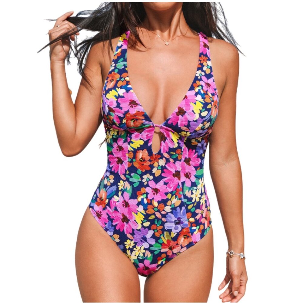 Cupshe Women's Ruffled One Piece Floral Swimsuit V Neck Lace Up Medium NWT